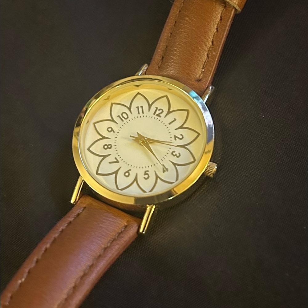 Floral Wristwatch, Women’s Watch, Gold and Leather